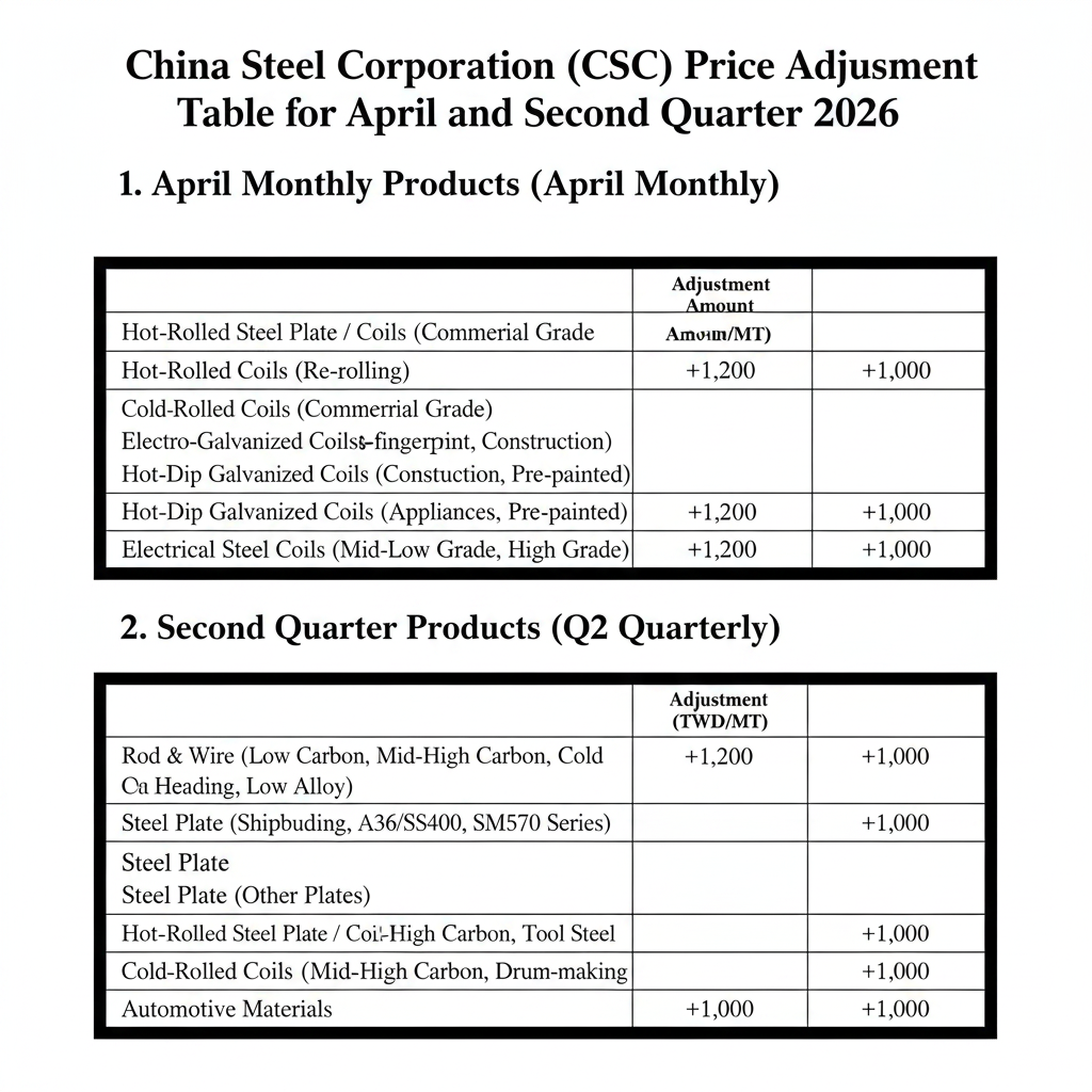 CSC April & Q2 2026 Price Adjustment Table