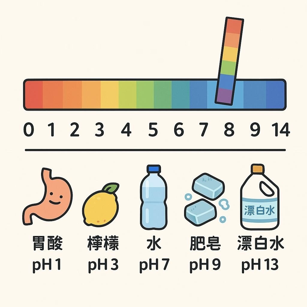 石蕊試紙顏色變化圖，顯示不同物質的pH值：胃酸pH1、檸檬pH3、水pH7、肥皂pH9、漂白水pH13