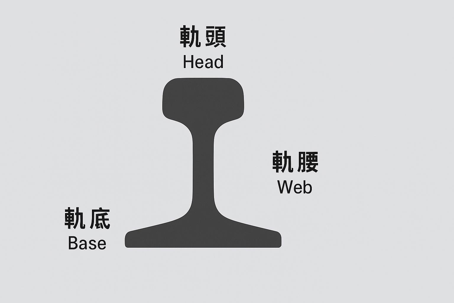 鋼軌正面剖面圖，標示出軌頭、軌腰、軌底三個結構部位，適用於鐵道鋼軌構造說明